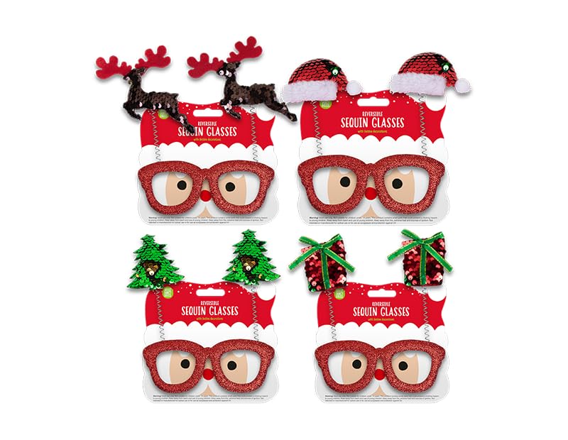 Christmas Reversible fun Sequin Christmas Glasses Frame, set of 4 Christmas Glasses Frames Xmas Novelty Eyeglasses Fancy Dress Costume Party Glasses Frame Creative Funny Decoration