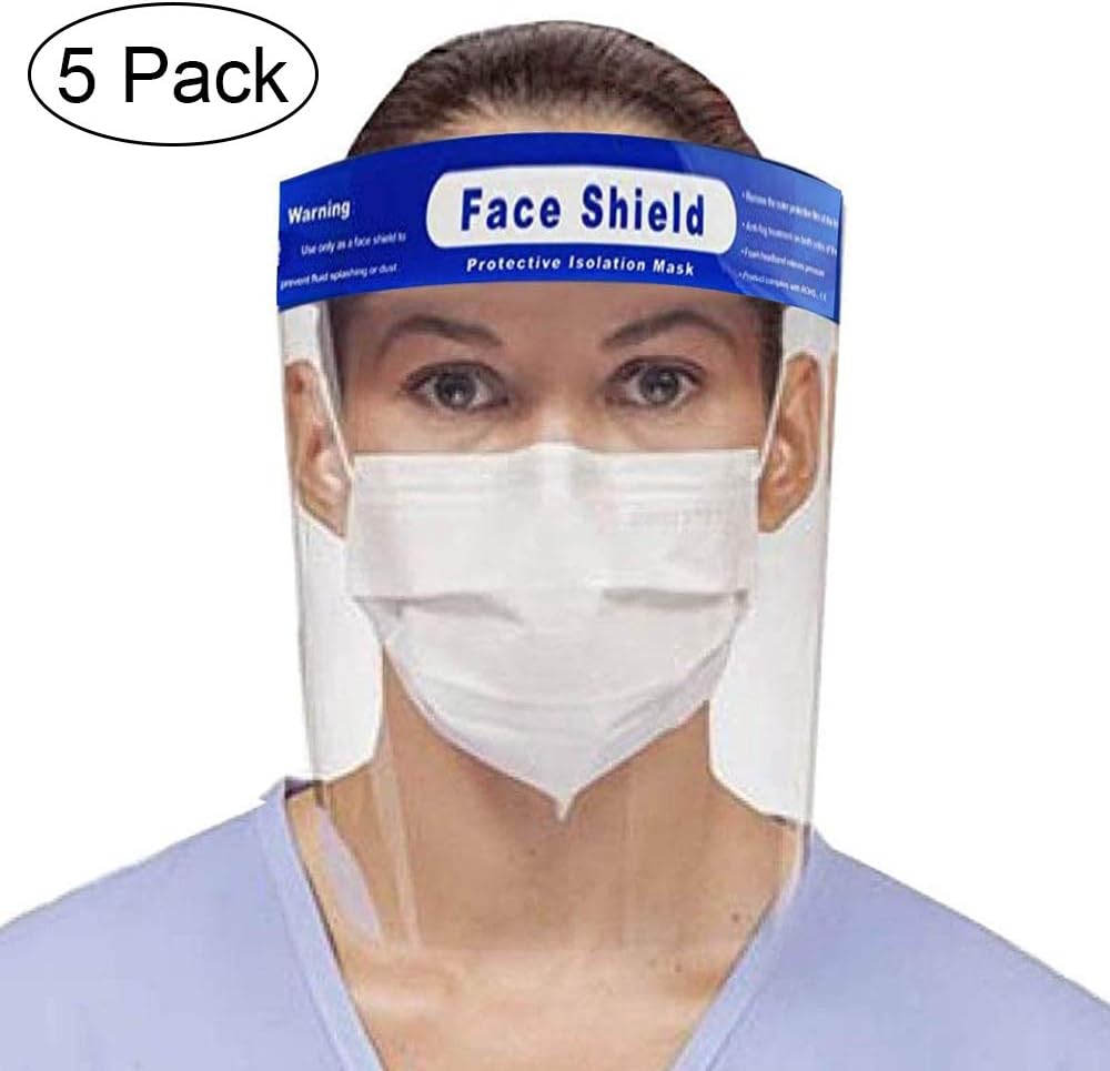 [5 Pack] Full Face Protective Shield Visor, Plastic Adjustable Transparent Face Shield to Prevent Saliva, Droplet with Elastic Band and Comfort Sponge