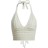 Naileksi Women Lace Up Backless Crochet Crop Halter Top Y2k Slim Fit Sleeveless V Neck Self Tie Back Knit Crop Cami Top
