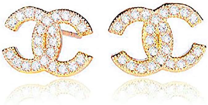 RC Sterling Silver Cubic Zircons Goldfish Double C Stud Earrings Gift For Women And Girls
