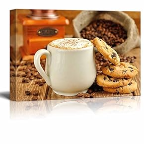 Canvas Prints Wall Art - White Coffee Cup with Foam and Biscuits/Cookies | Modern Wall Decor/Home Decoration Stretched Gallery Canvas Wrap Giclee Print & Ready to Hang - 12" x 18"