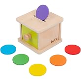 Adena Montessori Coin Box, Yellow-Green Door, 6-12m | 6 wooden coins. Flip-top door &amp; drawer. Teaches object permanence &amp; fine motor. Montessori toy. Gift 6-12m.