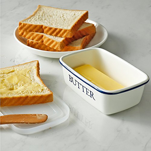 SveBake Butter Dish - Enamel Butter Boat Unbreakable Butter Keeper Container with Airtight Plastic Lid for Kitchen, White - Thumbnail 4
