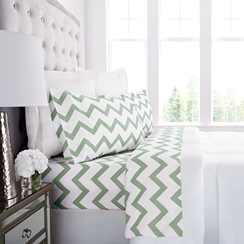 Prestige Linens 1800 Hotel Collection Chevron Pattern Bed Sheet Set - Deep Pockets, Wrinkle &amp; Fade Resistant, Hypoallergenic Printed Sheet &amp; Pillow Case Set - Twin - White/Sage