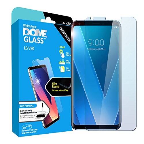 LG V30 Screen Protector Tempered Glass Shield, [Liquid Dispersion Tech] 2.5D Curved Full Coverage Dome Glass, Easy Install Kit and UV Light by Whitestone for LG V30 (2017)