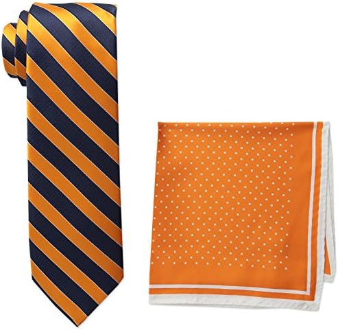 Steve Harvey Men's Tall Satin Stripe Woven Necktie and Dot Pocket Square, Large Long, Orange
