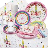 Unicorn Party Supplies Set - Serves 16 - Perfect for Birthday Girls, Baby Showers, and First Birthday Party Favors - Unicorn Party Supply Set (Value Set with Tablecloth and Dessert Plates)