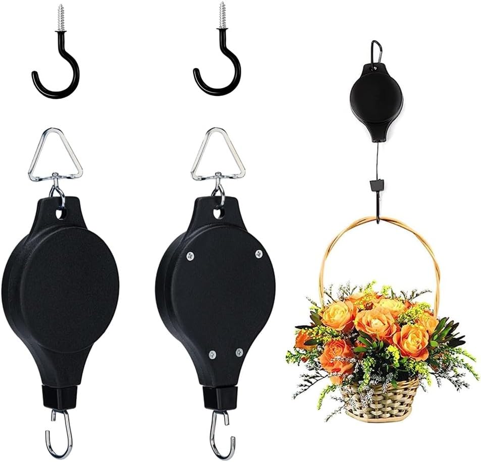 Outdoor Hanging Brackets - KESIMO 2 Pack Adjustable Plant Pulley with 2 Metal Ceiling Hooks for Hanging Plants, Retractable Pulley Plant Hanger Flower Basket Hook Hanger for Hanging Basket Pots and Bird Feeder