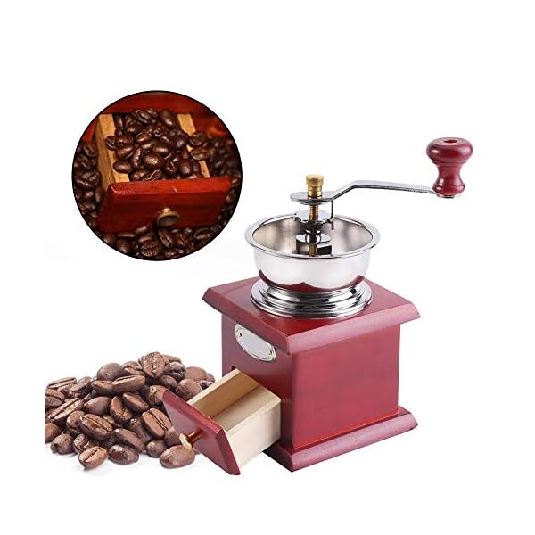 Retro manuelle Kaffeemühle, EVTSCAN Antike hölzerne Handkurbel-Kaffeemühle mit Mahlstufe und Auffangschublade, tragbare… – Bild 3