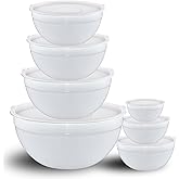 LKTDYMEG White Mixing Bowls with Lids Set of 7, Stainless Steel Nesting Bowl with Khaki Lid for Non-slip Mixing Prepping Storing Serving, 7 Sizes-7/3.6/2.7/2.1/1.5/1/0.8 QT