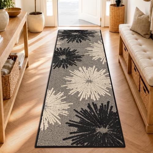 Findosom 2x6 Textured Floral Hallway Runner Rug Non Slip, Black&Beige