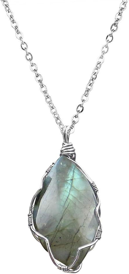 OCARLY Handmade Wire Wrapped L-abradorite Necklace Healing Crystal Stone Free Form Gemstone Pendant