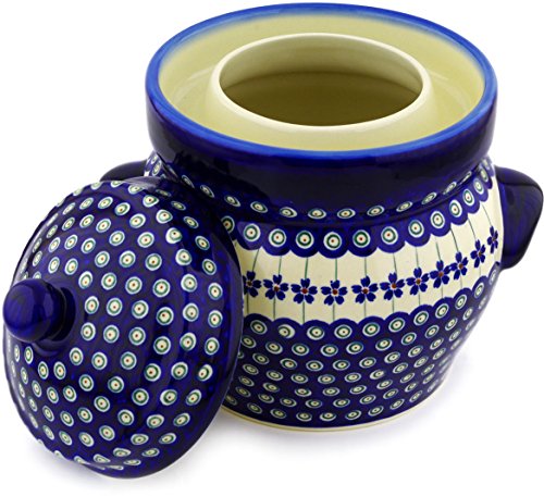 Polish Pottery Fermenting Crock Pot with Water Seal 14 Cups Flowering Peacock