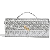Dreubea Women's Handmade Woven Evening Bag Casual Leather Shoulder Handbag Fashion Crossbody Clutch Purse Silver