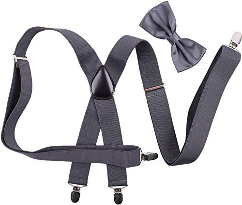 Elastic Bowtie and Wedding Suspenders for Mens Shoulder Straps Dark Gray