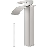 Airuida Vessel Sink Faucet Brushed Nickel, Tall Waterfall Bathroom Single Handle Single Hole, Deck Mount Mixer Tap with Large Rectangular Vessel Faucet Lavatory Vanity