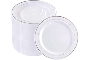 bUCLA 100Pieces Silver Plastic Plates - 6.25inch White with Silver Rim Disposable Salad/Dessert/Appetizer/Small Cake Plates for Weddings, Parties&Gathering
