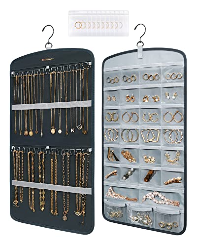 BAGSMART Hanging Jewelry Organizer, Necklace Holder Anti-tangle Earrings Rings Hanger with 10 Jewelry Bags Travel Storage Roll with Pockets Hang on Closet, Wall, Door,1 Piece, Small, Grey
