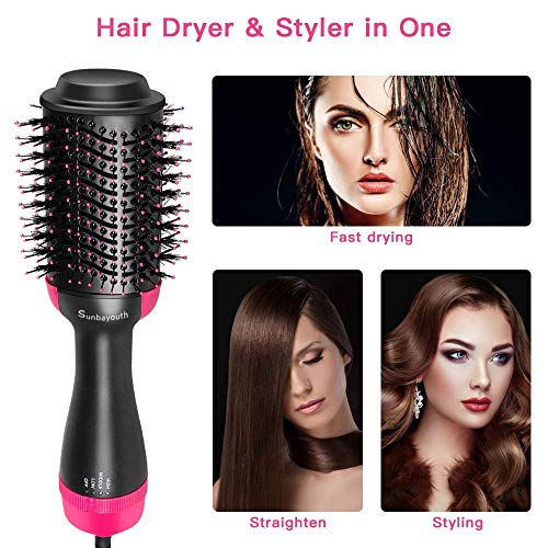 Hair Blow Dryer Brush Hot Air Brush One Step Hair Dryer and Volumizer Ceramic Electric Blow Dryer 3 in 1 Negative Ion Hair Straightener Styler Brush with Chiffon Hair Tie and 2 Clips