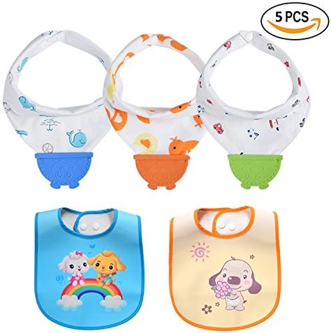 Baby Bandana Drool Bibs for Girl/Boy Drooling Bibs w/ Teether ,100% Cotton, Adjustable Snaps for Boys Girls, Comfortable Waterproof Silicone Feeding Bib , Baby Gift Set 5 Packs by Toogel