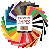 Heat Transfer Vinyl Bundle, 34 PCS Asssorted Pre-Cut 12x10in. Iron on HTV Vinyl Sheets, Bonus Teflon for Heat Press Machine or Home Iron for DIY T-Shirts