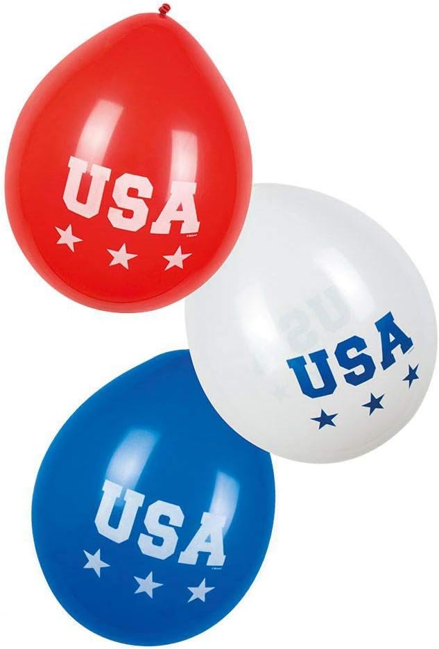 Boland 44962 Latex Balloons USA, Pack of 6, Size approx. 25 cm, 3 assorted designs, America, blue, white, red, balloon