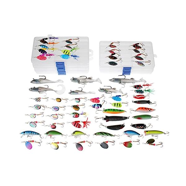 DrFish-Assortted-5-Lure-Boxes-Loaded-60-Bass-Fishing-Baits-Spinners-Rooster-Tail-Trout-Spoons-Soft-Plastic-Shads-Crankbaits-Minnow-Popper-Lures-Variety-Kit