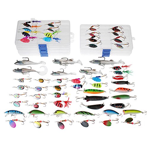 Dr.Fish Fishing Tackle Bag 5 Boxes with 60 Lures Included Loaded Stocked Tackle Box Set Spinner Lures Kit Freshwater Gear Equipment