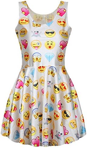 Xsen Emoji Cartoon Smiling Face Printed Digital Dresses Flare Pleated Dresses, White 2, size M