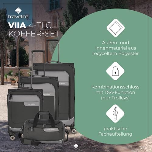 4-Rad Koffer Set Weichschale aus recyceltem Material, Größen L/M/S + Reisetasche, Gepäck Serie VIIA: Trolley Set mit Handgepäck im IATA Bordgepäck Maß