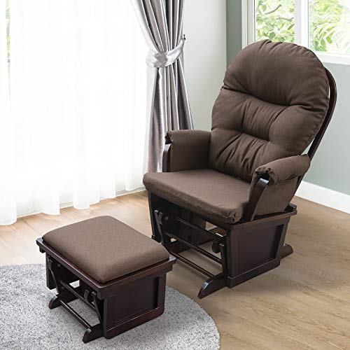 Nursery Glider Rocking Chair with Ottoman, Thick Padded Cushion Seating and Wood Base