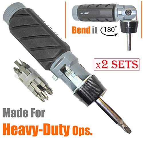 (Pack of 2) 10 in 1 Impact Multibit ADJUSTABLE ANGLE RATCHETING SCREWDRIVER SET Power Torque Grade Reversible Ratchet NONSLIP Big Rubber Handle Grip Oily Hand Work Portable Multi Bit Phillips Torx Hex