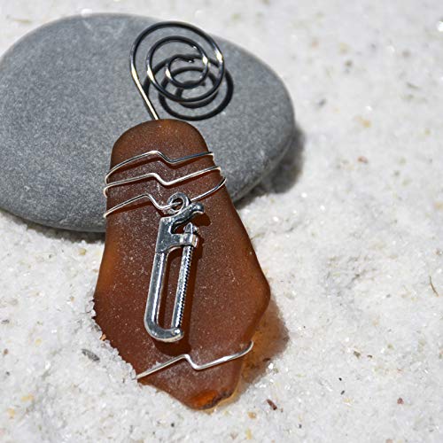Surf Tumbled Sea Glass Ornament with a Silver Hacksaw Charm - Choose Your Color Sea Glass Frosted, Green, and Brown - Made to Order