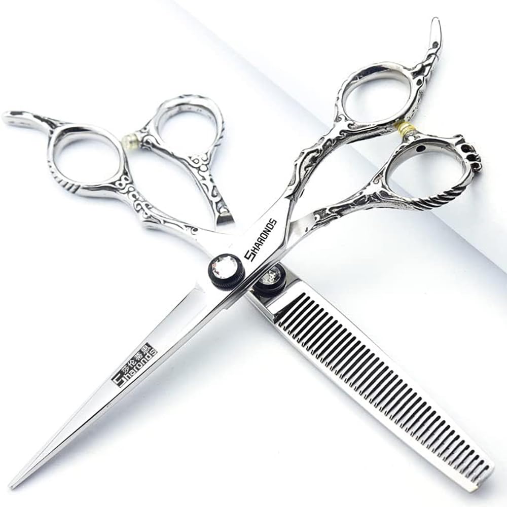 6/6.5/7 Inch Hairdressing Scissors 440c High Hardness Fine Pattern Professional Salon Hairdresser Hair Cutting and Thinning Hairstyle Pruning Tool (6.5 Inch 2-Piece Set)