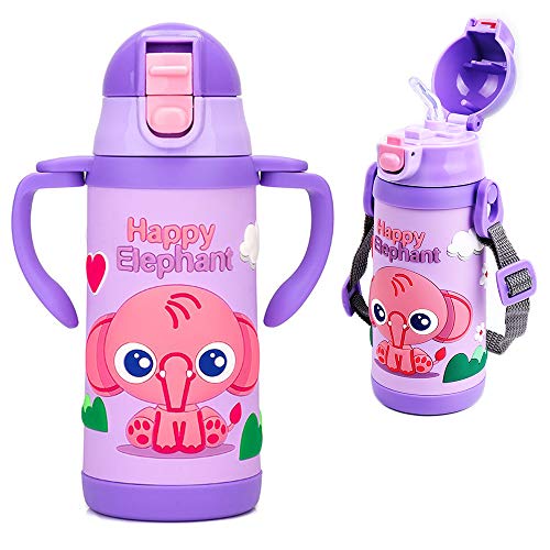 Kids Water Bottle With Straw Unicorn Thermoses Stainless Steel Insulated Vacuum Cup BPA Free Spillproof Thermal Water Cup For Girls School Lunch - With Handle And Shoulder Strap -12oz, Purple