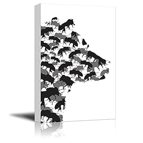 Honey - Bear and Bees Silhouette - Black and White Exclusive Artwork - Quirky Fun Design - Canvas Art Home Art - 12x18 inches