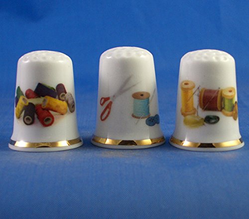 Porcelain China Collectable - Set of Three Thimbles - Sewing Cotton