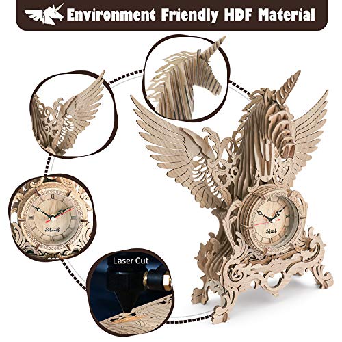 nicknack 3D Wooden Puzzles Clock Model Kits Adults DIY Assembled Toys for Teens— Unicorn Desk