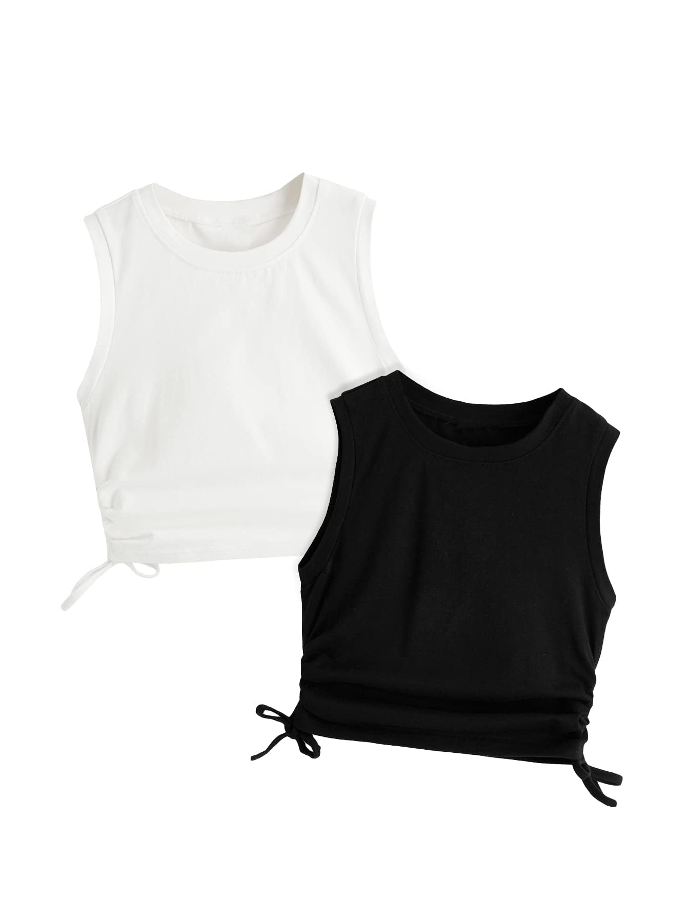 Photo 1 of Milumia Girl's 2 Pack Ruched Knot Side Round Neck Sleeveless Basic Crop Tank Tops Black and White 9 Years