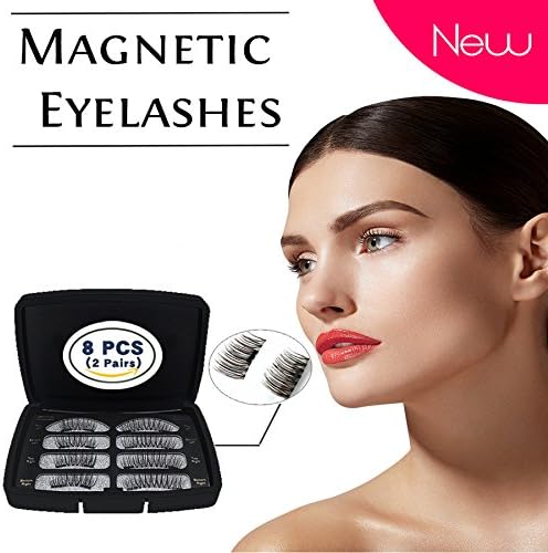 [No Glue] Magnetic Eyelashes 3D Reusable Dual Magnets Premium Quality False Eyelashes Makeup Natural Long Fake Handmade Eyelashes (2 pairs/ 8 pieces)