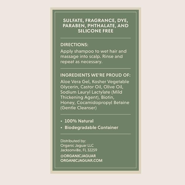 ORGANIC JAGUAR NATURAL SHAMPOO FOR HAIR CARE, SULFATE FREE SHAMPOO WITH CASTOR OIL, HONEYSUCKLE, GLYCERIN, ALOE VERA & MILD THICKENING AGENT, DRY TO COLOR TREATED TO ALL HAIR, 13.5 FL OZ