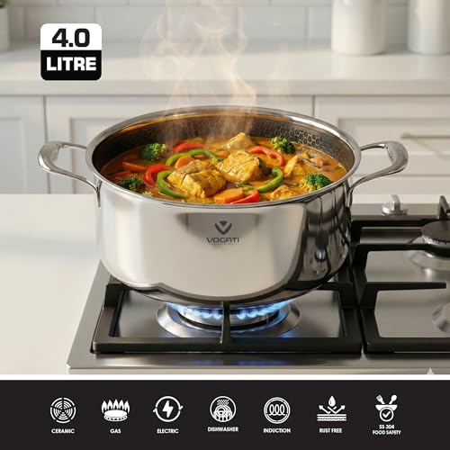 VOGATI CASSEROLE 22CM TRY-PLY STAINLESS STEEL (4 LITRES) WITH GLASS LID -WELDED HANDLE-INDUCTION COMPATIBLE COVERED STOCKPOT-SOUP POTS- (100% PFOA FREE) (4 Litres)