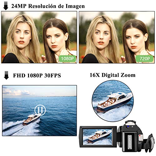 Videocmara-con-Control-Remoto-y-Dos-Bateras-Cmara-de-Video-Full-HD-1080P-30FPS-24MP-Pantalla-LCD-de-3-Pulgadas-Rotacin-270-Digital-Zoom-16X-Webcmara