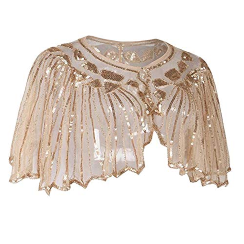 Clothful  Woman Tops , Women's 1920s Shawl Beaded Sequin Deco Evening Cape Bolero Flapper Cover up Beige - Thumbnail 3