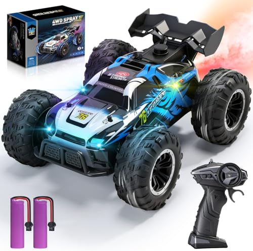 Eaglestone 1:16 4WD RC Car with LED Lights, Music & Spray, 2.4GHz Off-Road Remote Control Vehicle with Dual Battery 40-Min Playtime, One-Click Demonstration Gift for Kids Boys Ages 5-12