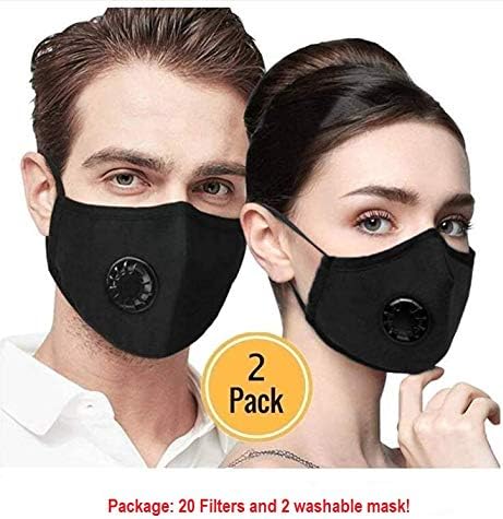 2 Pack Face Mouth Masks with Breath Valve, 20 Pcs PM2.5 Activated Carbon Filter Anti Pollution Reusable Dust Mask for Cycling Running Walking, Women Black