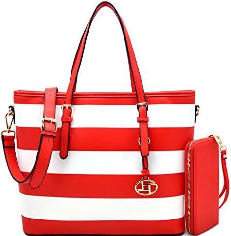 Le Terre Bright Stripe Zip-Top Tote w/ Strap + Wallet- 5 Colors(Red)