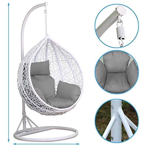JYKJ Outdoor Hanging Chair Rattan Swing Chair Patio Garden Wicker White Hanging Egg Chair Hammock Cushion Loadable 150kg