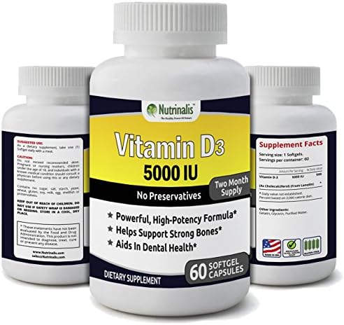 Vitamin D3 5,000 IU High Potency Extra Strength No Preservatives Non-GMO 60 softgels MADE IN THE USA Two Month Supply