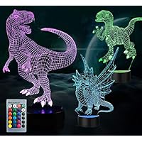 3PCS Night Light for Kids -3D Illusion Dinosaur Night Lamp Three Pattern and 7 Colors Change Decor Lamp with Remote Control for Kids Best Gifts